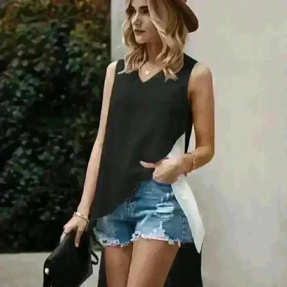 Women's M Black Asymmetrical Choker Neck Sleeveless Blouse Top - Picture 4 of 7
